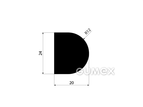 Pryžový profil tvaru "D", 24x20/R12mm, 60°ShA, NBR, -40°C/+70°C, černý